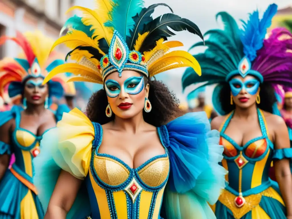 Empoderamiento y diversidad en el Carnaval de Uruguay Un grupo diverso de mujeres seguras y empoderadas en vibrantes trajes de carnaval, celebrando la inclusividad y diversidad del Carnaval Uruguayo