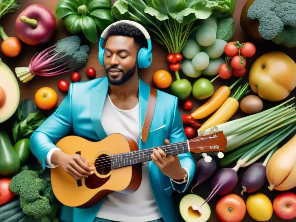 Concierto de músicos con alimentos saludables Un grupo diverso de músicos concentradamente toca rodeado de alimentos para mejorar concentración músicos