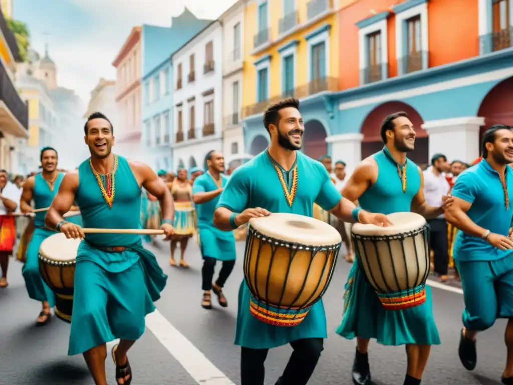 Candombe en Uruguay: Celebración de tambores y colorido Grupo diverso de personas toca tambores uruguayos en desfile callejero, mostrando historia del candombe en Uruguay