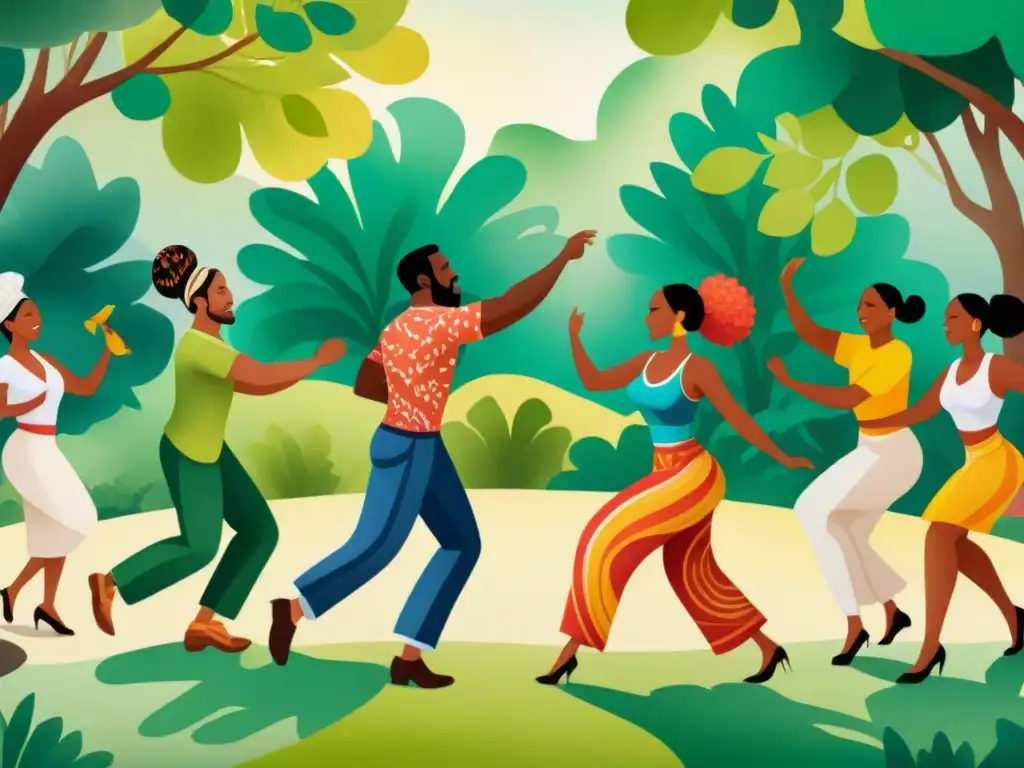 Grupo diverso bailando alegremente al ritmo de tambores de candombe en un parque verde, uniendo culturas y celebrando la salud mental en Uruguay