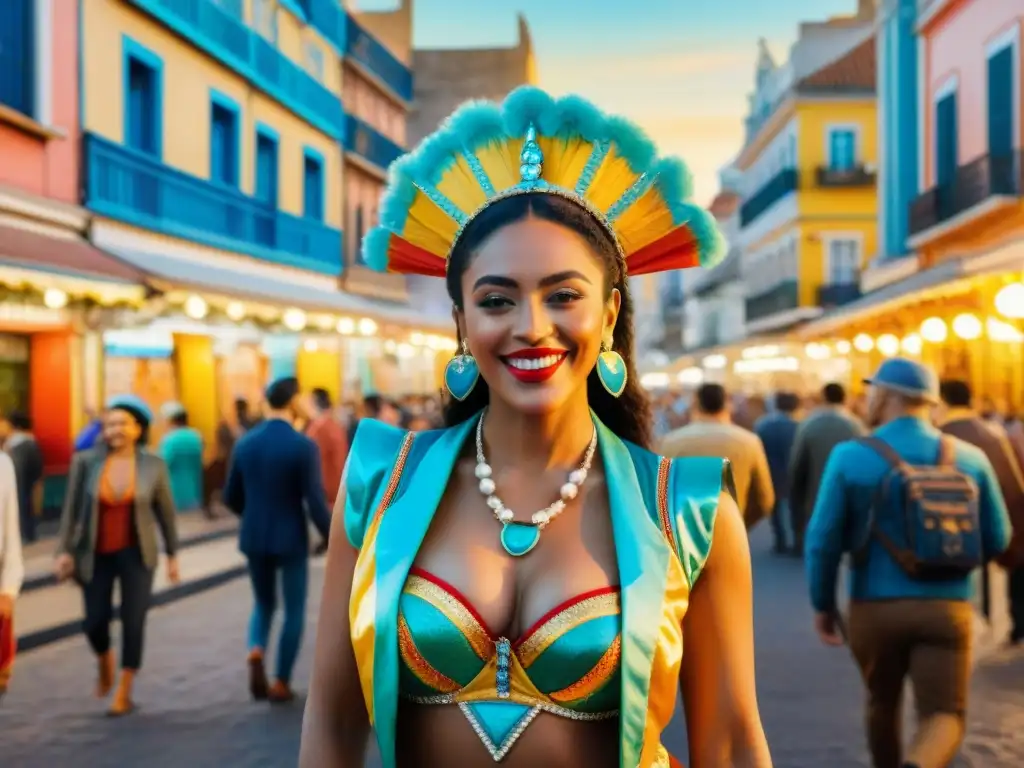 Carnaval Uruguayo: Celebración en Montevideo Grupo diverso de viajeros en Carnaval Uruguayo por las coloridas calles de Montevideo, seguros de viaje Carnaval Uruguay