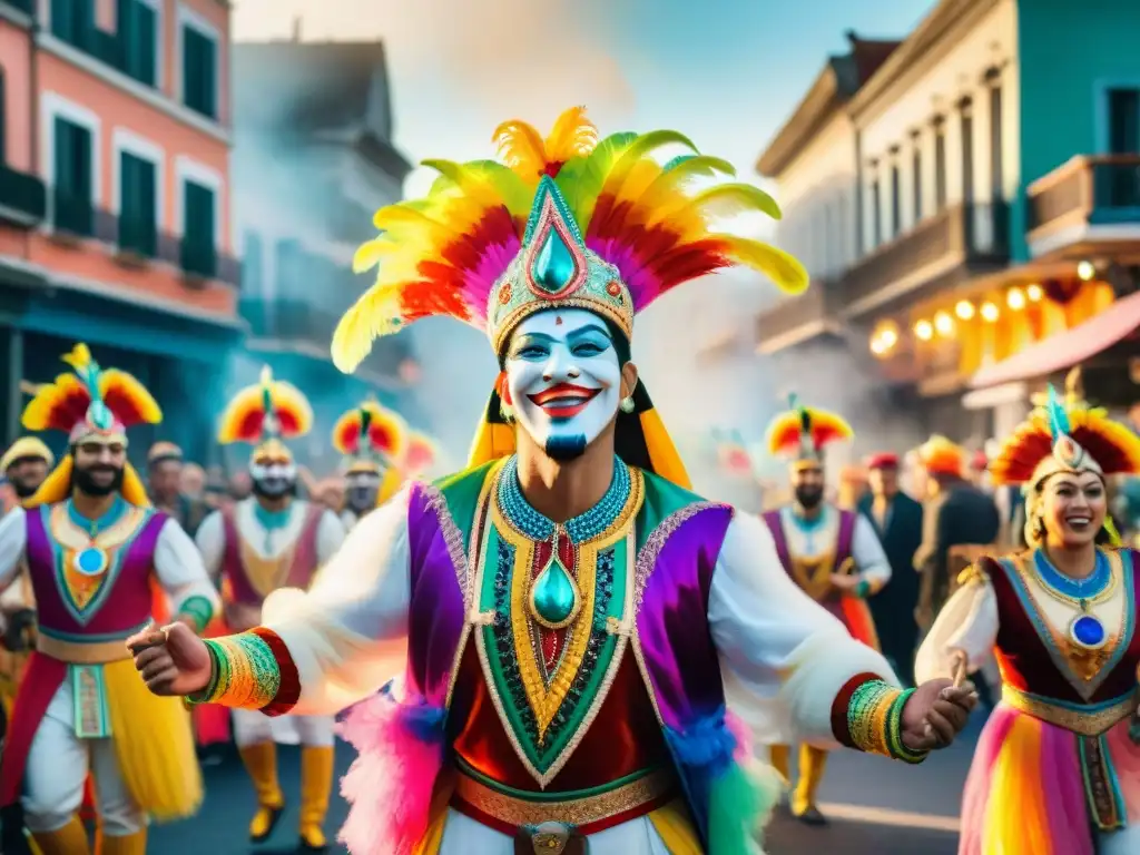 Comparsas LGBT+ en Carnaval uruguayo: diversidad y color Grupo diverso en vibrante desfile de comparsas LGBT+ en Carnaval Uruguayo