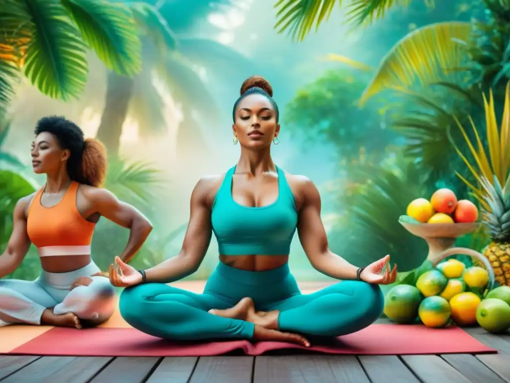 Rejuvenación postCarnaval: Yoga, estiramiento y bienestar en la selva Un grupo diverso se relaja con yoga y alimentos nutritivos en la exuberante naturaleza postCarnaval