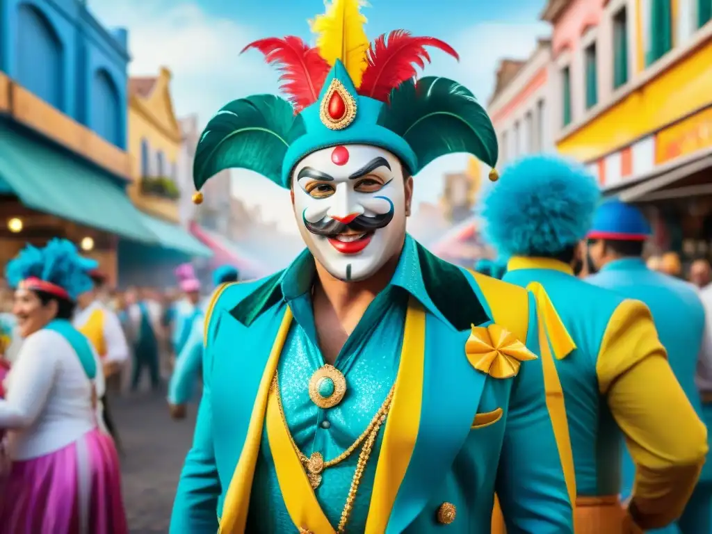 Emprendedores uruguayos en carnaval: creatividad y colaboración Un grupo de emprendedores en el Carnaval Uruguayo, con trajes coloridos y espíritu festivo en las calles