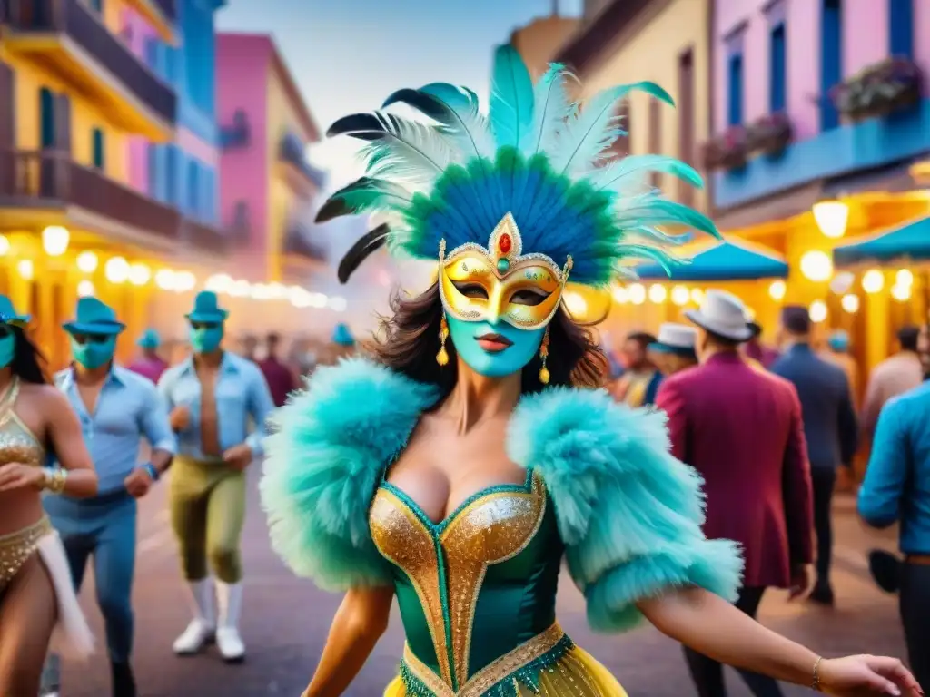 Baile enmascarado: Carnaval Uruguayo en Montevideo Grupo enmascarado bailando en el vibrante Carnaval Uruguayo cortometrajes misterio