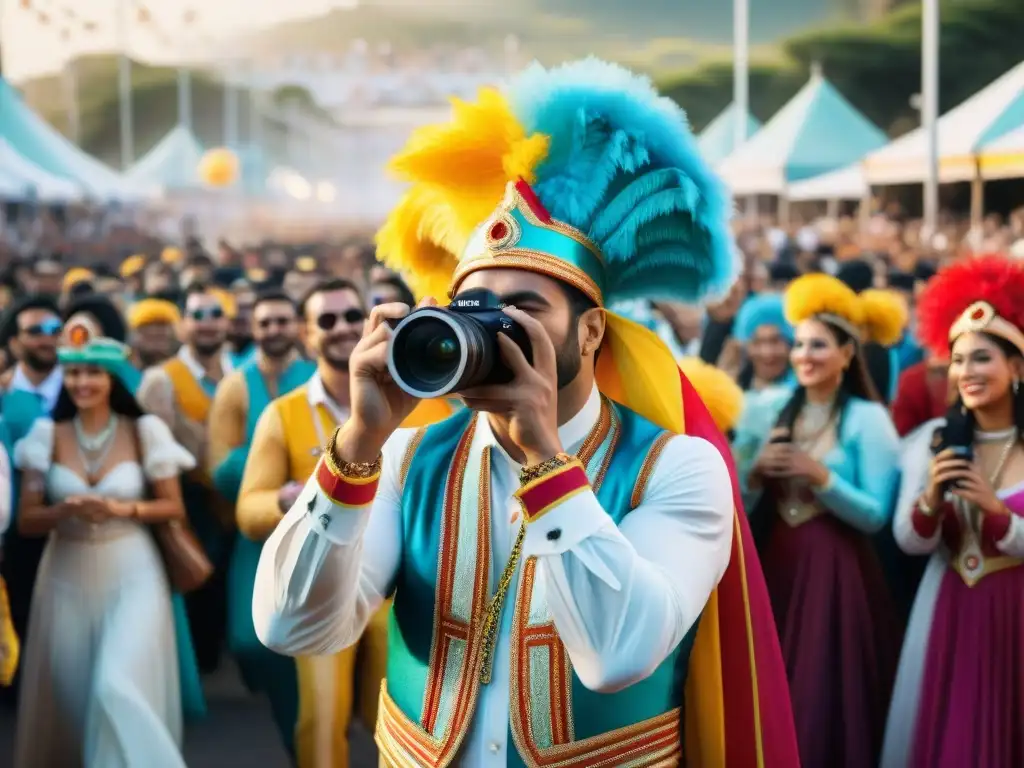 Artistas capturando el Carnaval Uruguayo en acuarela Grupo de fotógrafos capturando el vibrante Carnaval Uruguayo con sus cámaras, ajustando técnicas y disfrutando la festividad