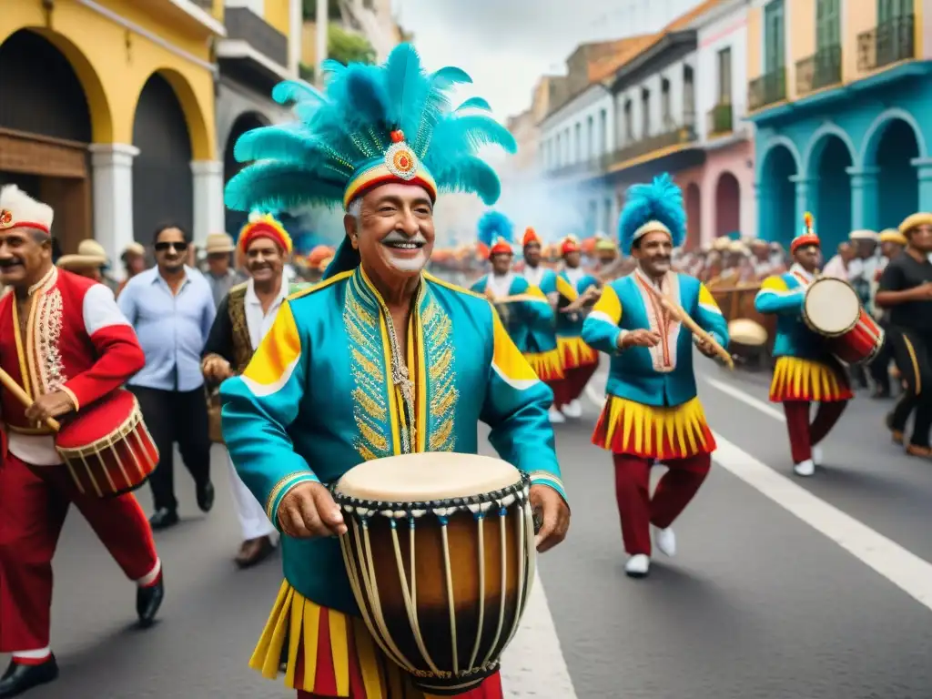Pintura acuarela detallada de músicos uruguayos en desfile de Candombe Grupo de grandes maestros del Candombe Uruguayo tocando tambores en desfile callejero vibrante