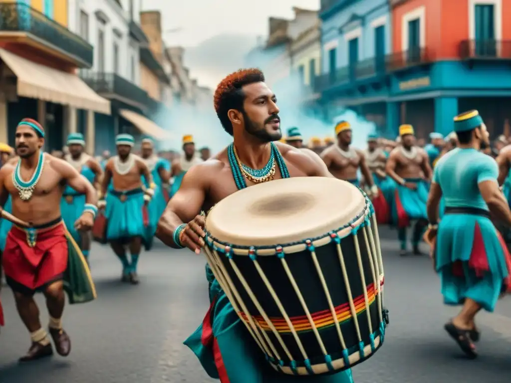 Intensa celebración de Candombe en Uruguay durante el Carnaval Grupo de grandes maestros del Candombe Uruguayo tocando tambores rodeados de coloridos bailarines durante el Carnaval en Uruguay