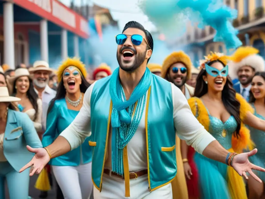 Colorida actuación de humoristas de carnaval uruguayos Grupo de humoristas carnavales uruguayos conectando con la audiencia en un escenario festivo lleno de alegría y color