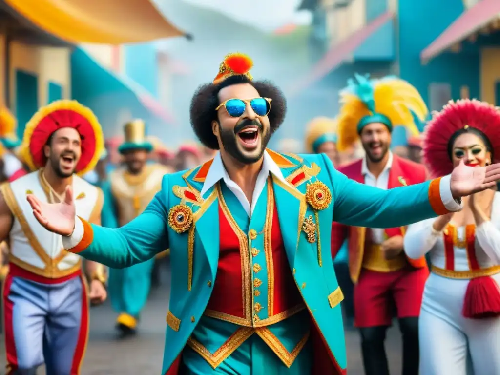 Espectáculo de humoristas en Carnaval Uruguayo Grupo de humoristas carnavales uruguayos conectando con público diverso en escenario colorido, risas y alegría