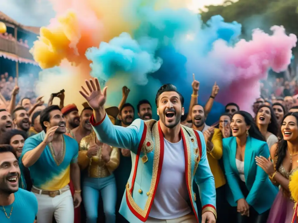 Espectáculo de humor uruguayo en Carnaval: risas y emoción Grupo de humoristas uruguayos en el Carnaval, cautivando a un público diverso con risas y aplausos en una escena vibrante y llena de energía