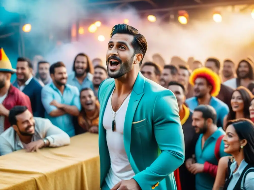 Espectáculo cómico uruguayo en Carnaval Grupo de humoristas uruguayos en escenario colorido durante Carnaval, cautivando con sus críticas y humor al público animado