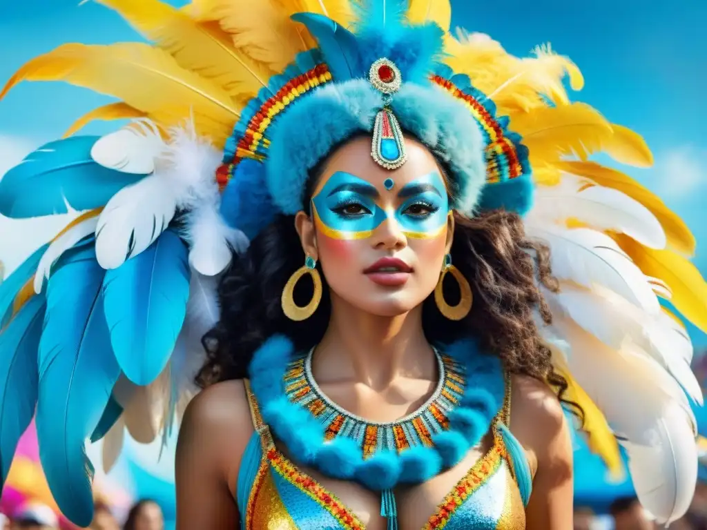 Jóvenes artistas uruguayos crean visiones innovadoras para el carnaval Un grupo de jóvenes artistas uruguayos creando el futuro del Carnaval Uruguayo con pasión y creatividad bajo un cielo azul brillante