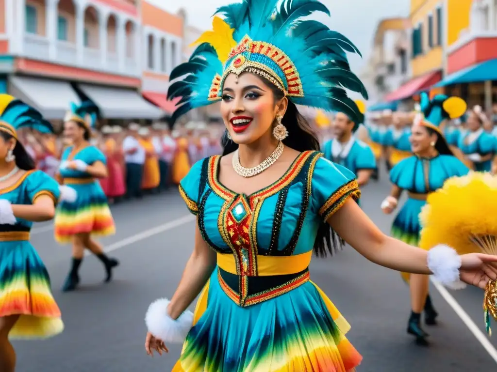 Colorida energía del Carnaval Uruguayo Grupo de jóvenes bailarines en trajes tradicionales del Carnaval Uruguayo, derrochando energía e innovación en el desfile