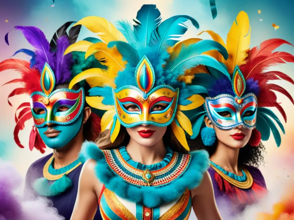 Máscaras de Carnaval uruguayo: coloridas y misteriosas Grupo de máscaras coloridas de carnaval en acuarela, rodeadas de músicos y confeti, capturando la riqueza cultural del Carnaval Uruguayo