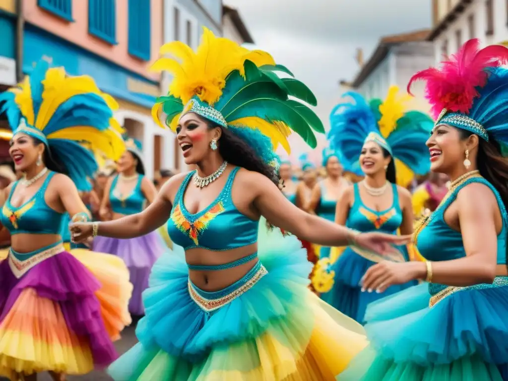 Desfile de Carnaval: Mujeres empoderadas celebran la diversidad en Uruguay Grupo de mujeres diversas en vibrantes trajes de Carnaval en Uruguay, celebrando con alegría su participación en el desfile
