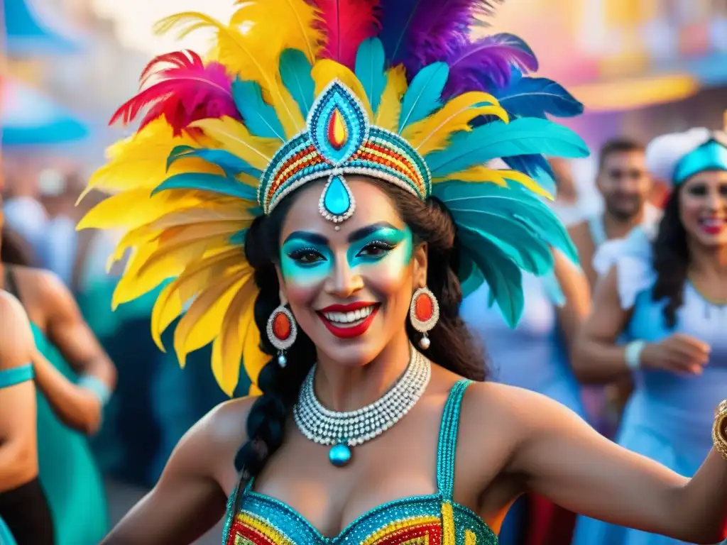 Mujeres empoderadas en el Carnaval de Uruguay Un grupo de mujeres empoderadas y diversas bailando en un alegre Carnaval en Uruguay, rompiendo estereotipos