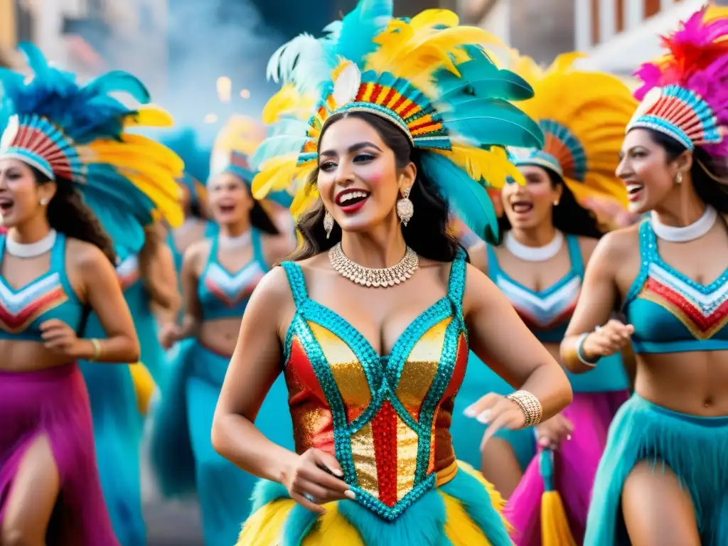Mujeres empoderadas en murga uruguaya Un grupo de mujeres en trajes coloridos de carnaval uruguayo participando alegremente en una murga