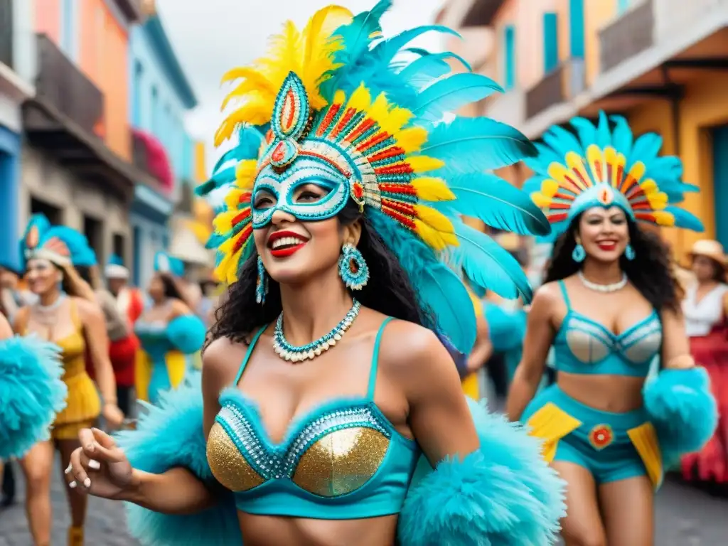 Colorido Carnaval en Uruguay: Mujeres danzando con trajes vibrantes Un grupo de mujeres en vibrantes trajes de Carnaval bailando en las calles de Uruguay