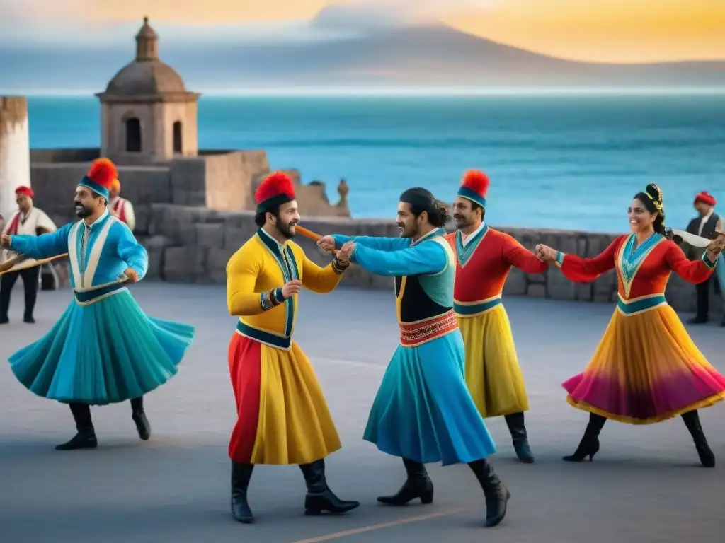 Vibrante ensayo de murgas en Montevideo Grupo de murgas ensayando con energía en Montevideo, preparación actos murgas Uruguay