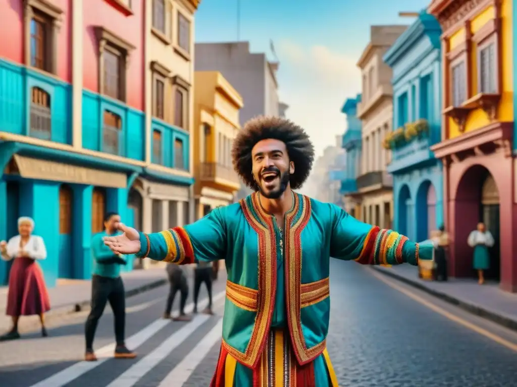 Murga en Montevideo: pintura acuarela de una calle vibrante Grupo de murgueros practicando con pasión en la calle de Montevideo, Uruguay, rodeados de espectadores entusiastas