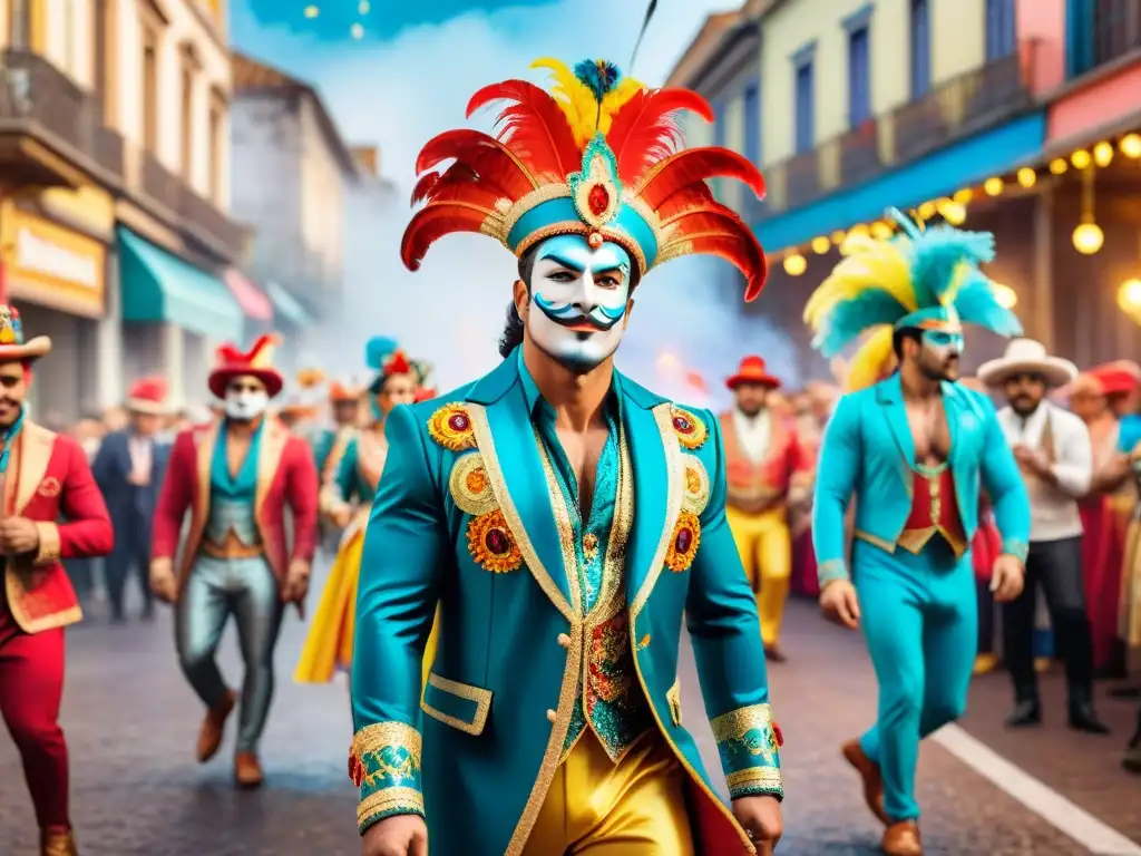 Murgueros vibrantes en el Carnaval de Uruguay Grupo de murgueros con trajes vibrantes en el Carnaval Uruguayo, evocando la energía festiva