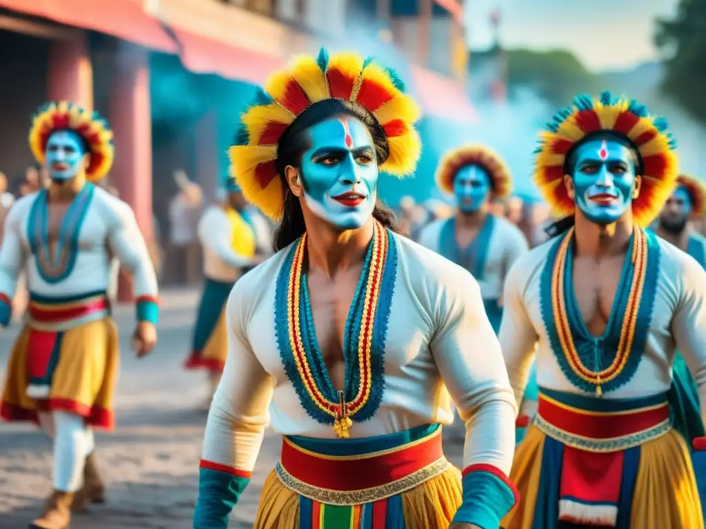 Murgueros uruguayos: pasión y color en la tradición de la murga Grupo de murgueros uruguayos con maquillaje y trajes coloridos en escena festiva