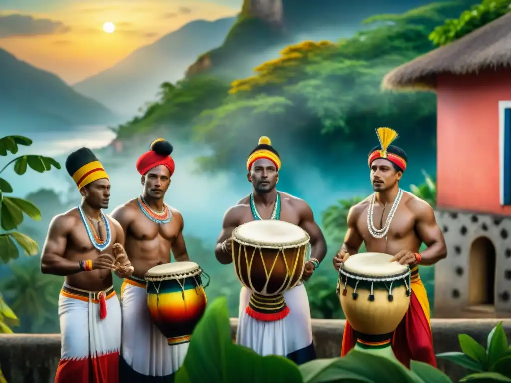 Detalle de músicos tocando instrumentos de Candombe bajo la luna Grupo de músicos tocando instrumentos raros en el Candombe bajo la luna, rodeados de vegetación y casas coloridas