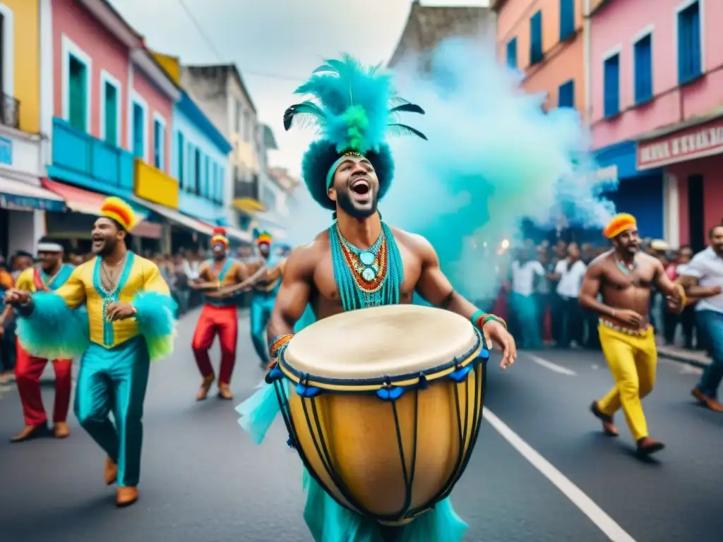 Colorida celebración de Carnaval en Uruguay con músicos y tambores típicos Grupo de músicos tocando instrumentos típicos del Carnaval Uruguayo en una animada calle llena de alegría y color