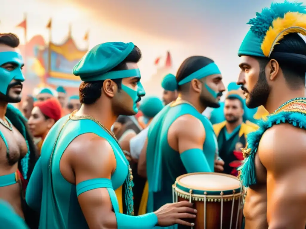 Organizadores apasionados del Carnaval uruguayo: planificación vibrante Grupo de organizadores apasionados del Carnaval Uruguayo enfrentando desafíos, rodeados de coloridos trajes y tambores