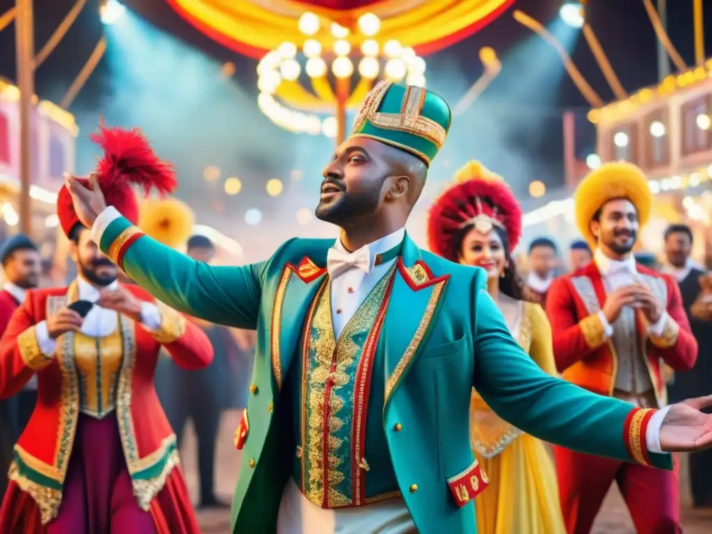 Preparación intensa de parodistas: vibrante pintura acuarela Grupo de parodistas del Carnaval Uruguayo ensayando con trajes coloridos y detallados