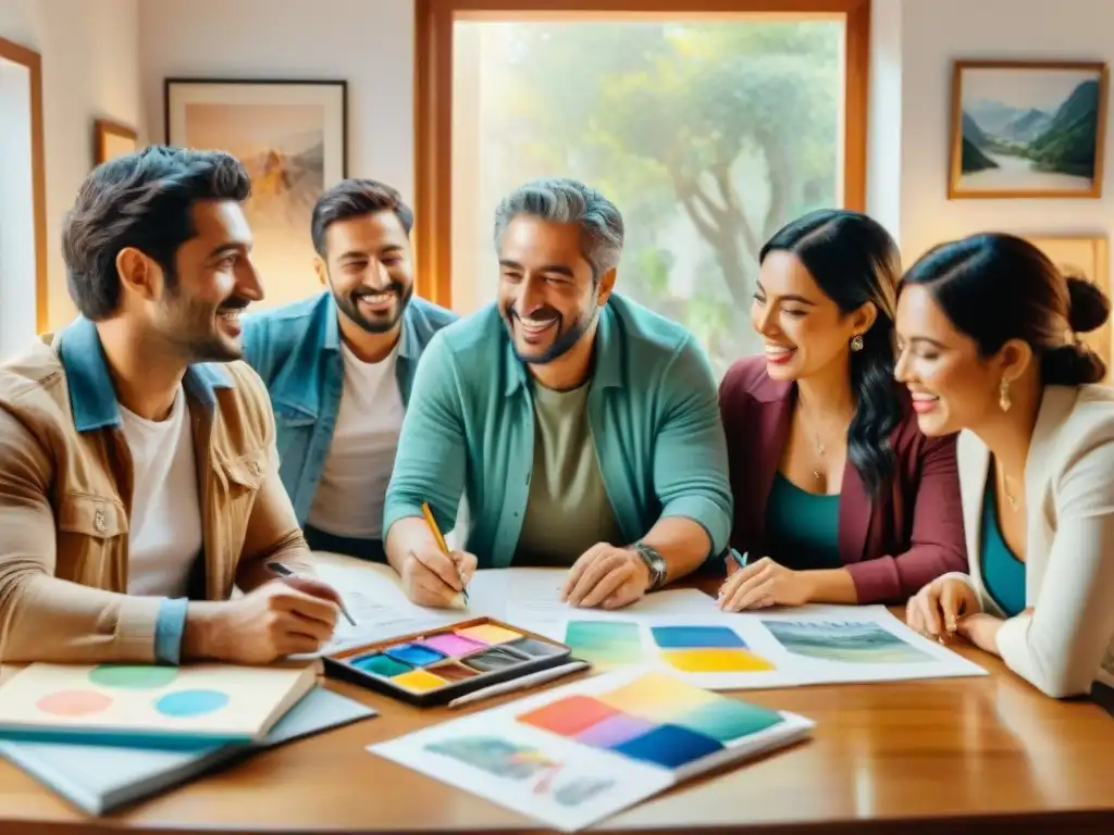 Reunión creativa de parodistas uruguayos: ilustración acuarela detallada Un grupo de parodistas uruguayos colaborando en un ambiente creativo y divertido, rodeados de arte y risas