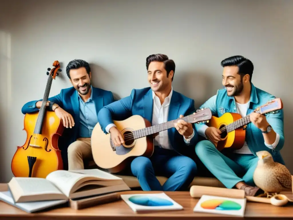 Parodistas uruguayos creando juntos Un grupo de parodistas uruguayos inmersos en el proceso creativo, rodeados de bocetos, instrumentos musicales y risas