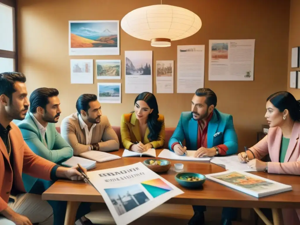 Parodistas uruguayos en plena creación: un encuentro de ingenio y color Grupo de parodistas uruguayos inmersos en el proceso creativo con bocetos y trajes coloridos