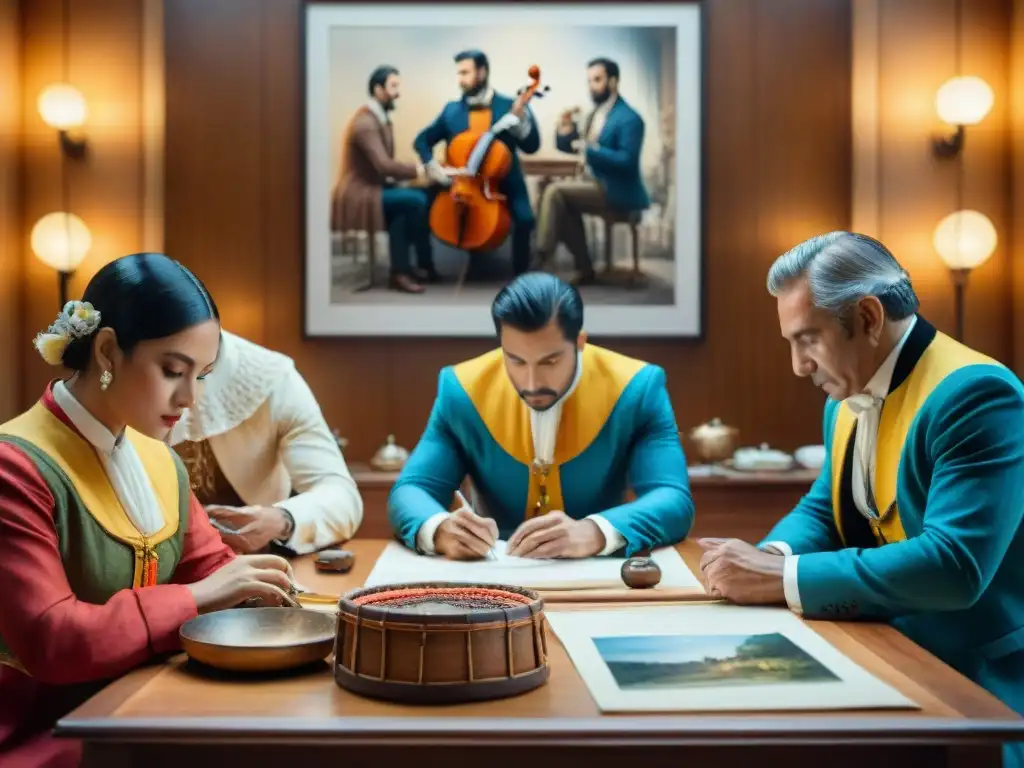 Detallada pintura acuarela de parodistas uruguayos en plena creación Grupo de parodistas uruguayos inmersos en el proceso creativo, decorando trajes y debatiendo