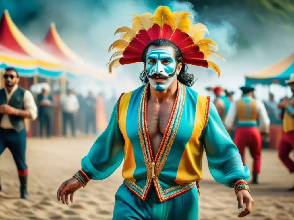 Parodistas uruguayos en el carnaval: Creatividad y energía vibrante Un grupo de parodistas uruguayos deslumbrando con su talento oculto en un escenario de carnaval vibrante