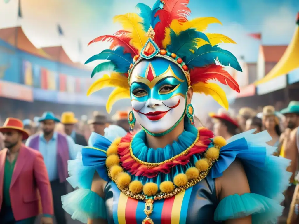 Deslumbrantes trajes de carnaval ecofriendly en acuarela Grupo en trajes coloridos de Carnaval Uruguayo con materiales reciclados: joyería de tapas de botellas, faldas de periódico y máscaras de cartón