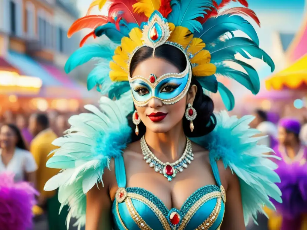 Deslumbrantes vedettes en el vibrante carnaval de Uruguay Grupo de vedettes elegantemente vestidas en trajes de carnaval de Uruguay, con plumas y lentejuelas, bailando en desfile colorido