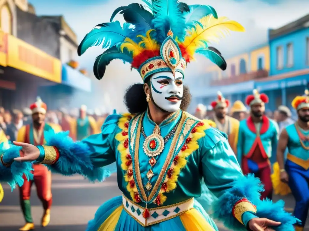 Deslumbrante desfile de carnaval uruguayo: danza y colorido Grupo de vibrantes bailarines de carnaval en Uruguay con arte minucioso en sus trajes y plumas coloridas, desfilando ante espectadores asombrados