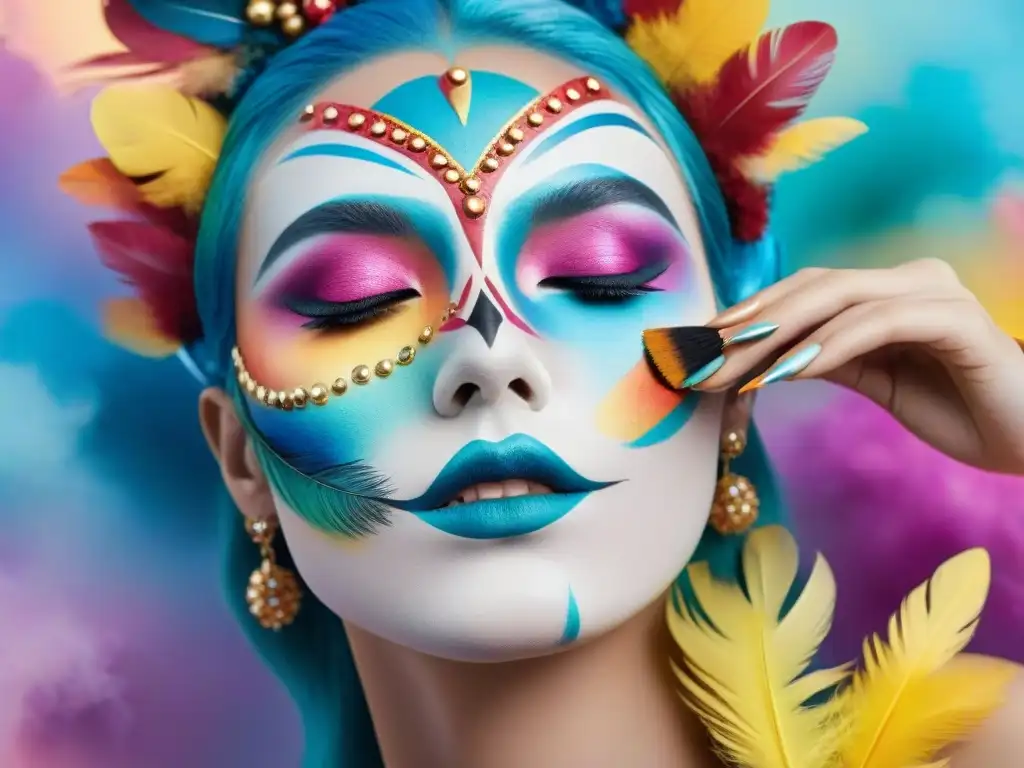 Maquillaje de carnaval: arte en manos Las hábiles manos de un maquillador destacado aplican pintura facial carnavalesca en un modelo, con detalles coloridos
