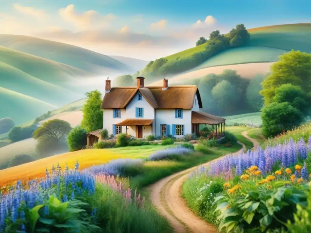Pintura acuarela de casa rural entre colinas y flores silvestres Un hogar rural encantador en un paisaje sereno, ideal para un alojamiento rural cerca de eventos Carnaval