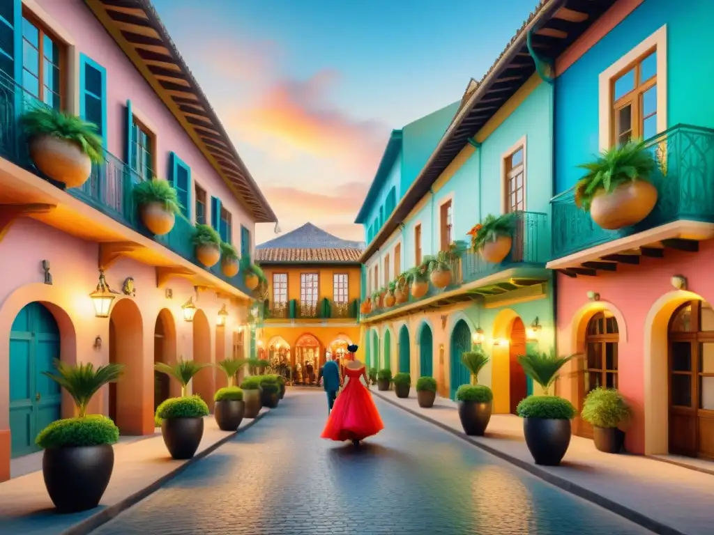 Boutique hotel de lujo en Carnaval: ¡Vibrante escena uruguaya! Un hotel boutique de lujo en el vibrante Carnaval uruguayo, rodeado de edificios coloridos y decoraciones festivas