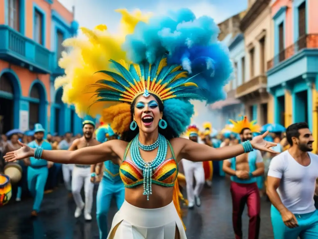 Colorido Carnaval de Uruguay: danzas, desfiles y alegría Hoteles para Carnaval Uruguayo: un animado desfile de Carnaval en Uruguay con coloridos trajes, música y alegría en las calles