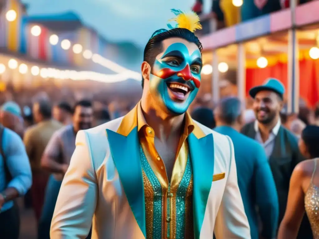Carnaval uruguayo: conexión y risas en la diversidad Un humorista carnavales uruguayo conecta con la audiencia en un ambiente festivo y alegre