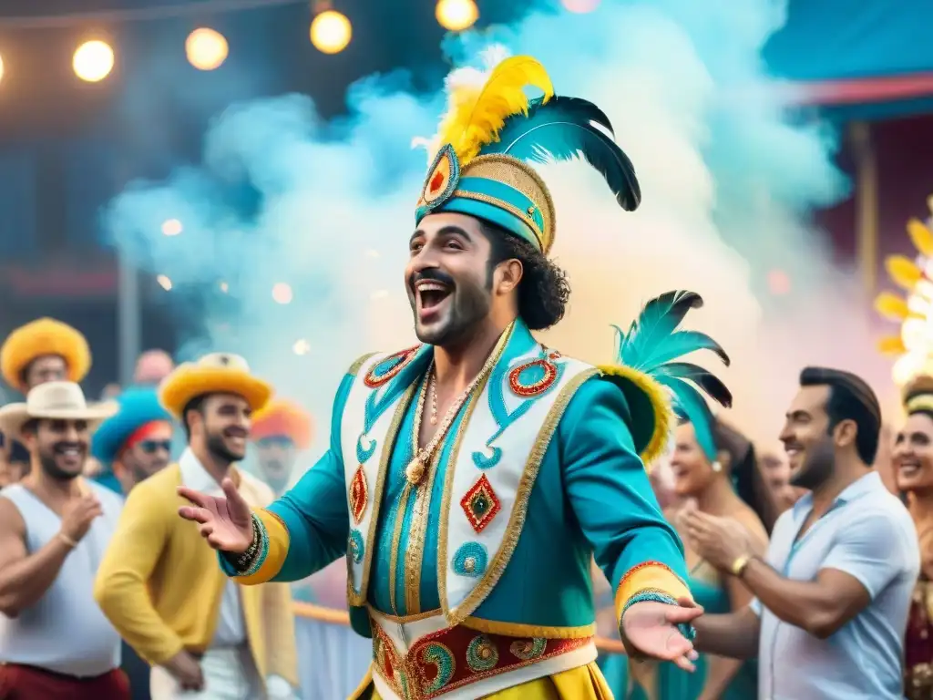 Euforia carnavalesca: humoristas uruguayos en acción Humoristas carnavales uruguayos crean conexión alegre con diverso público riendo y aplaudiendo