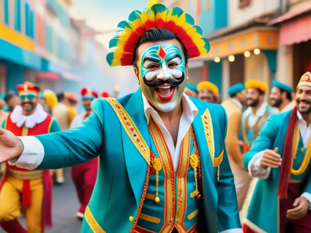 Colorido Carnaval en Uruguay: humoristas en trajes tradicionales Humoristas uruguayos en Carnaval: coloridos trajes, risas y alegría en las calles festivas