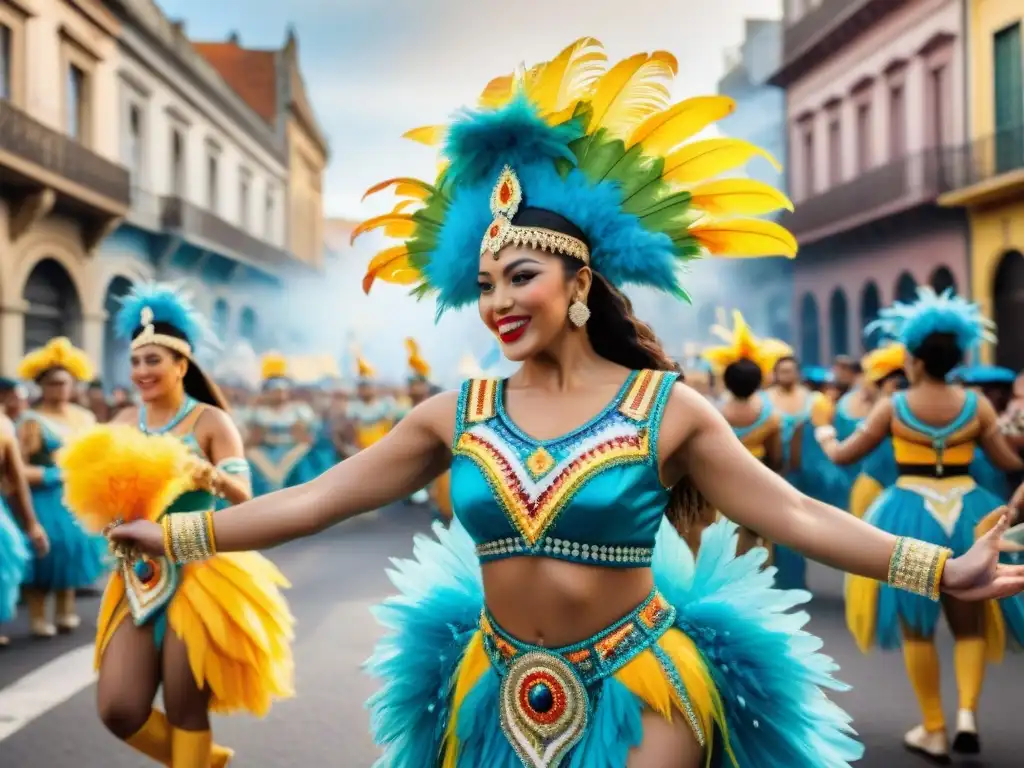 Transformación comparsas en íconos uruguayos: Detalle vibrante de un desfile de carnaval en Uruguay con trajes elaborados y colores brillantes