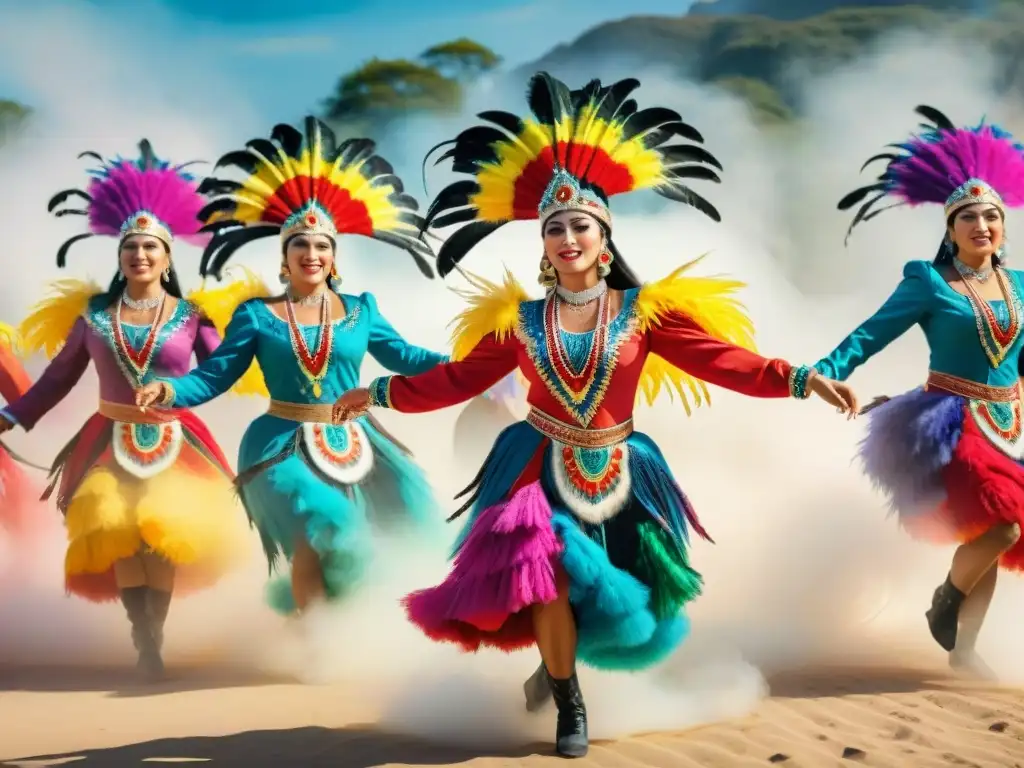 Transformación comparsas en íconos uruguayos: una procesión vibrante de bailarines coloridos, disfraces elaborados y música tradicional