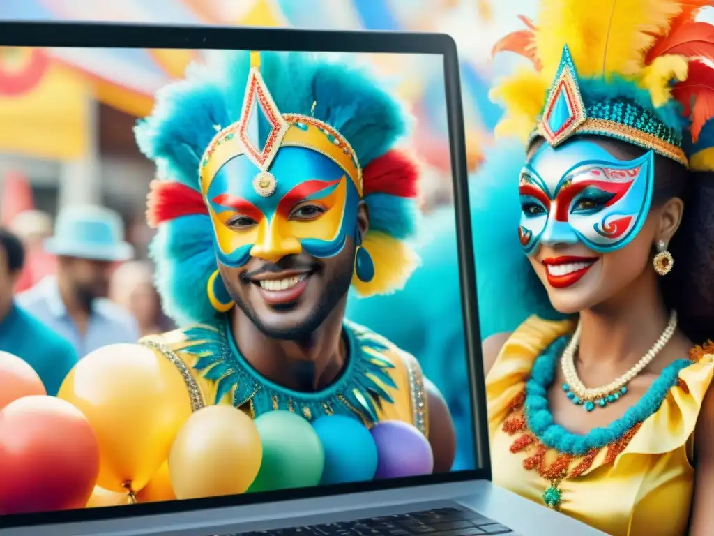Colorido encuentro virtual en Carnaval: Reddit y diversidad Una ilustración colorida muestra a personas en trajes de Carnaval, interactuando en Reddit