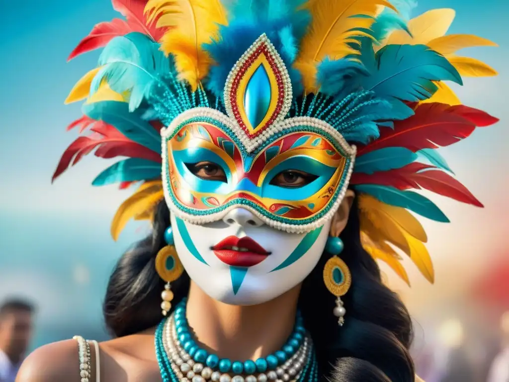 Detalles vibrantes del Carnaval Uruguayo Una ilustración detallada de accesorios vibrantes del Carnaval Uruguayo, incluyendo máscaras, tocados y collares, destacados en colores y detalles